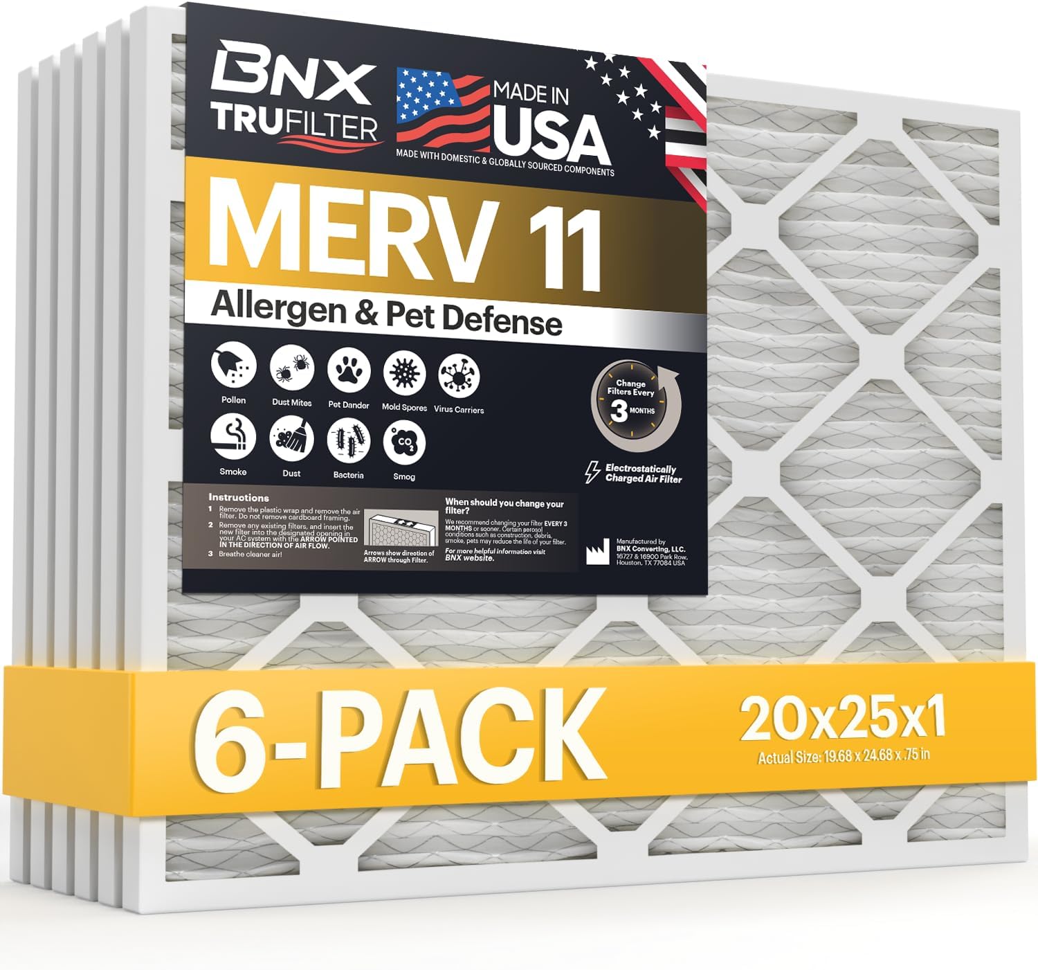 BNX TruFilter 20x25x1 Air Filter MERV 11 (6-Pack) - MADE IN USA - Allergen Defen...