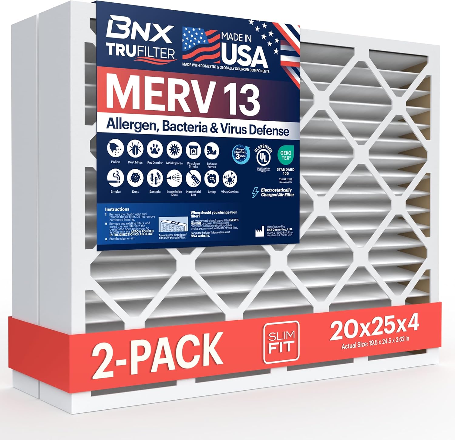 BNX TruFilter 20x25x4 (19.5’’ x 24.5’’ x 3.63‘’ Slim Fit) MERV 13 Air Filter (2-...