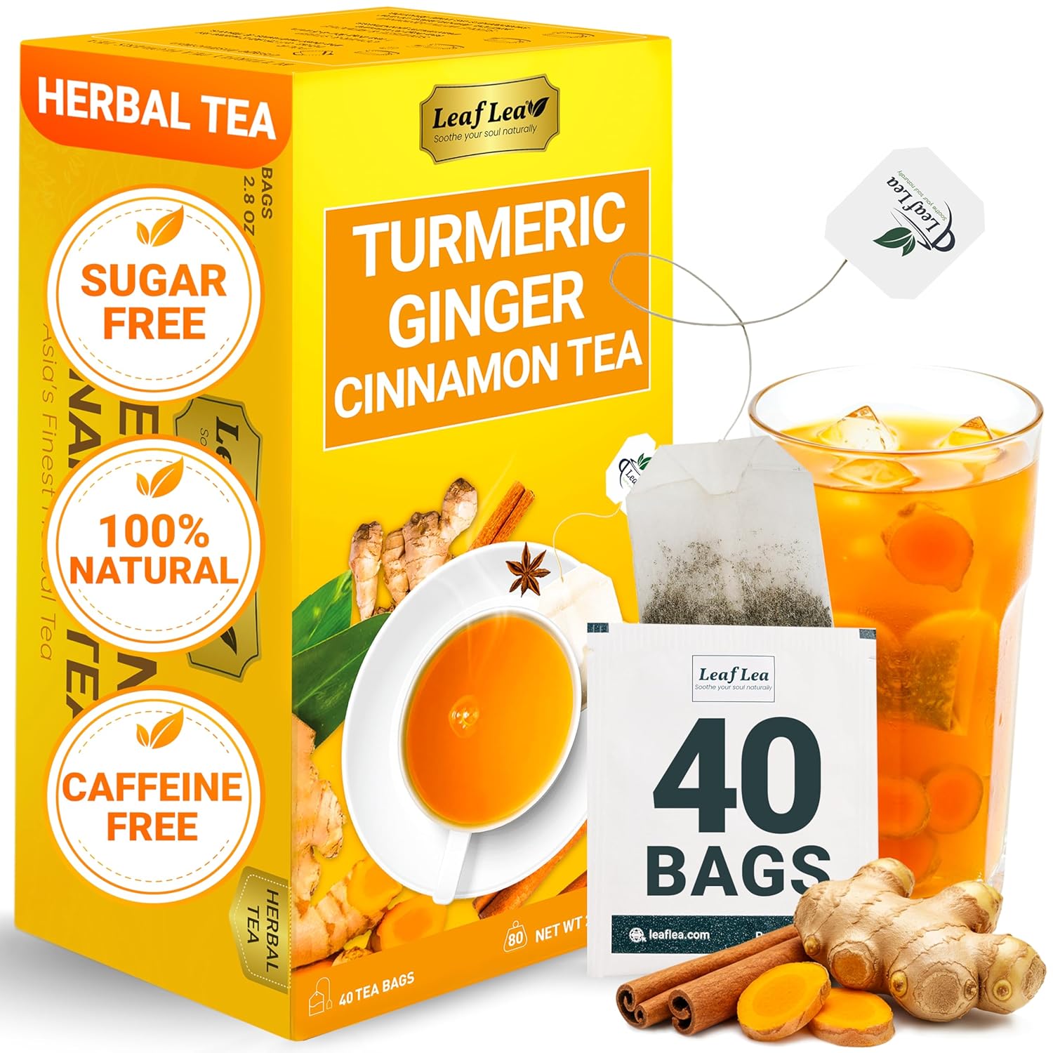 LeafLea 40 Turmeric Ginger Cinnamon Tea Bags, 100% Natural Ingredients Herbal Te...