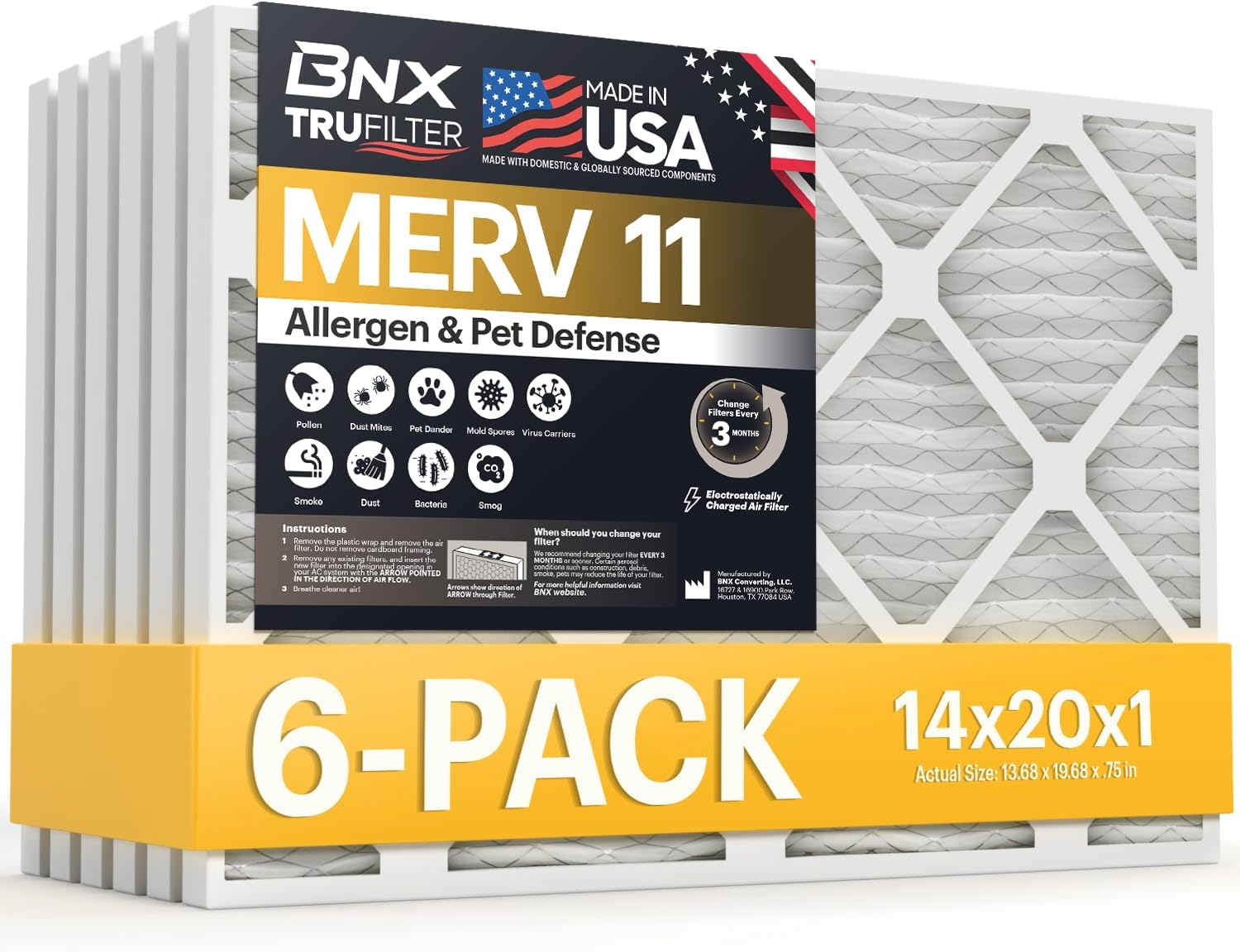 Premium BNX TruFilter Air Filter, Special 14x20x1 MERV 11 Air Conditioner HVAC F...