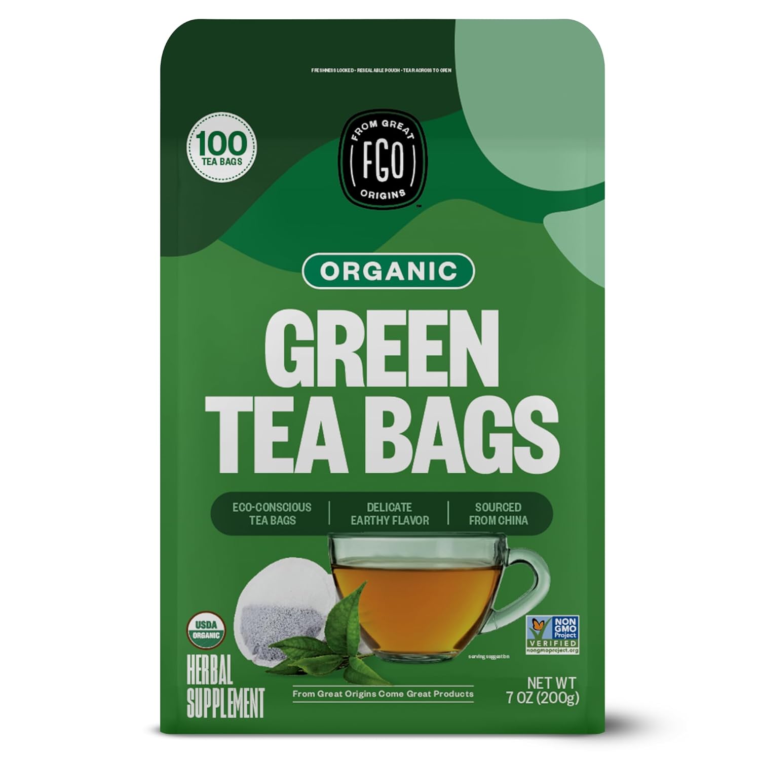 Eco-Friendly FGO Organic Green Tea, Premium Tea Bags with Caffeine, Sustainable...