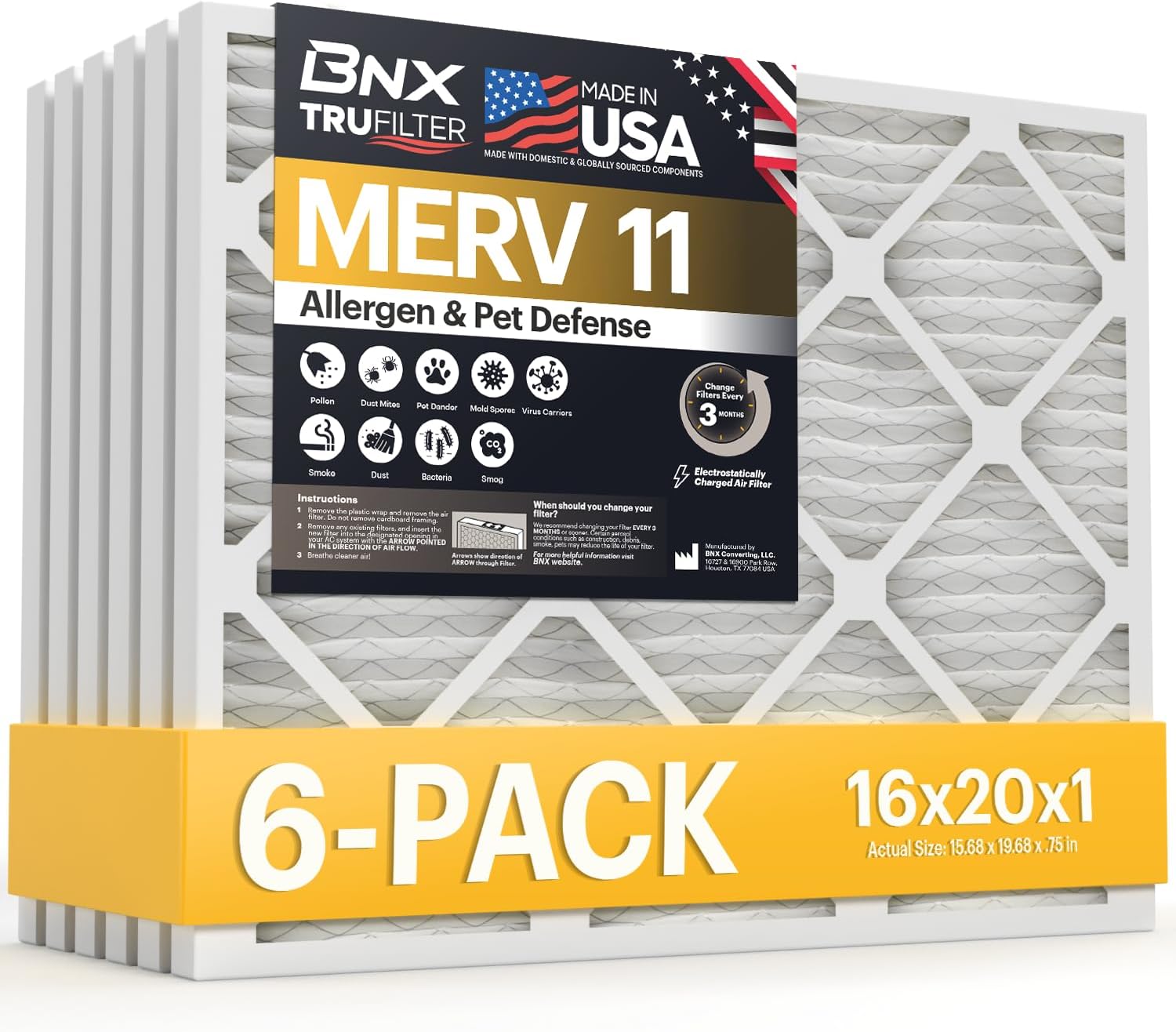 BNX TruFilter 16x20x1 Air Filter MERV 11 (6-Pack) - MADE IN USA - Allergen Defen...