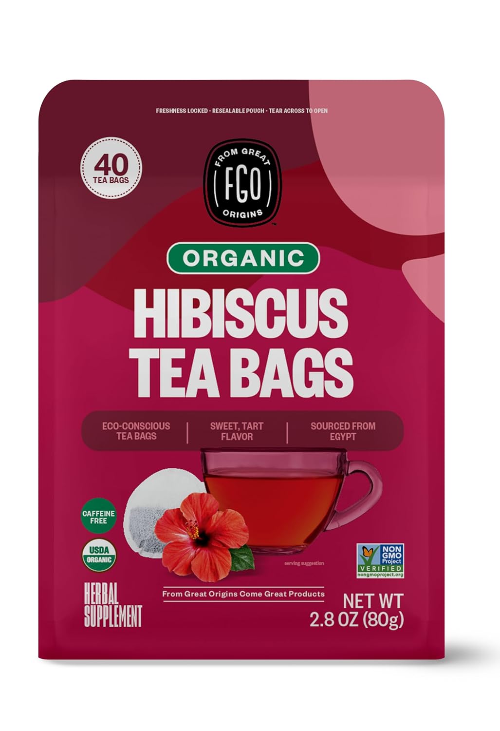Premium FGO Organic Hibiscus Herbal Tea, Unique Eco-Conscious Tea Bags, Best Caf...