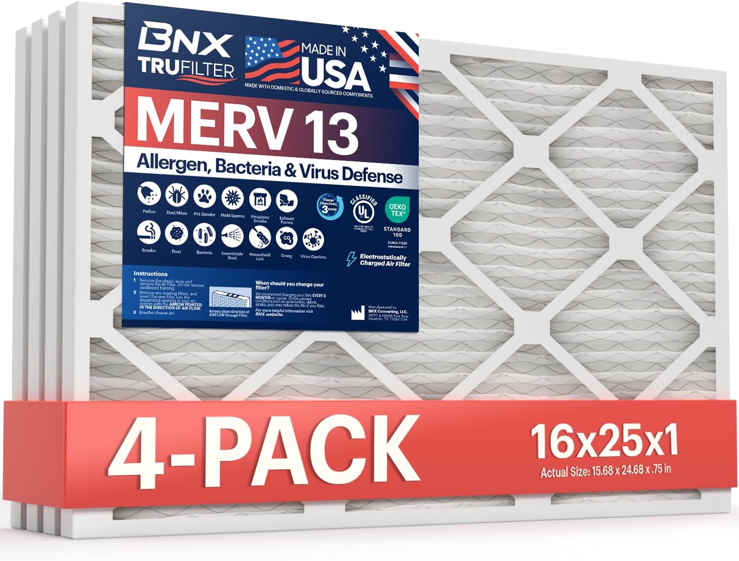BNX TruFilter 16x25x1 Air Filter MERV 13 (4-Pack) - MADE IN USA - Electrostatic...
