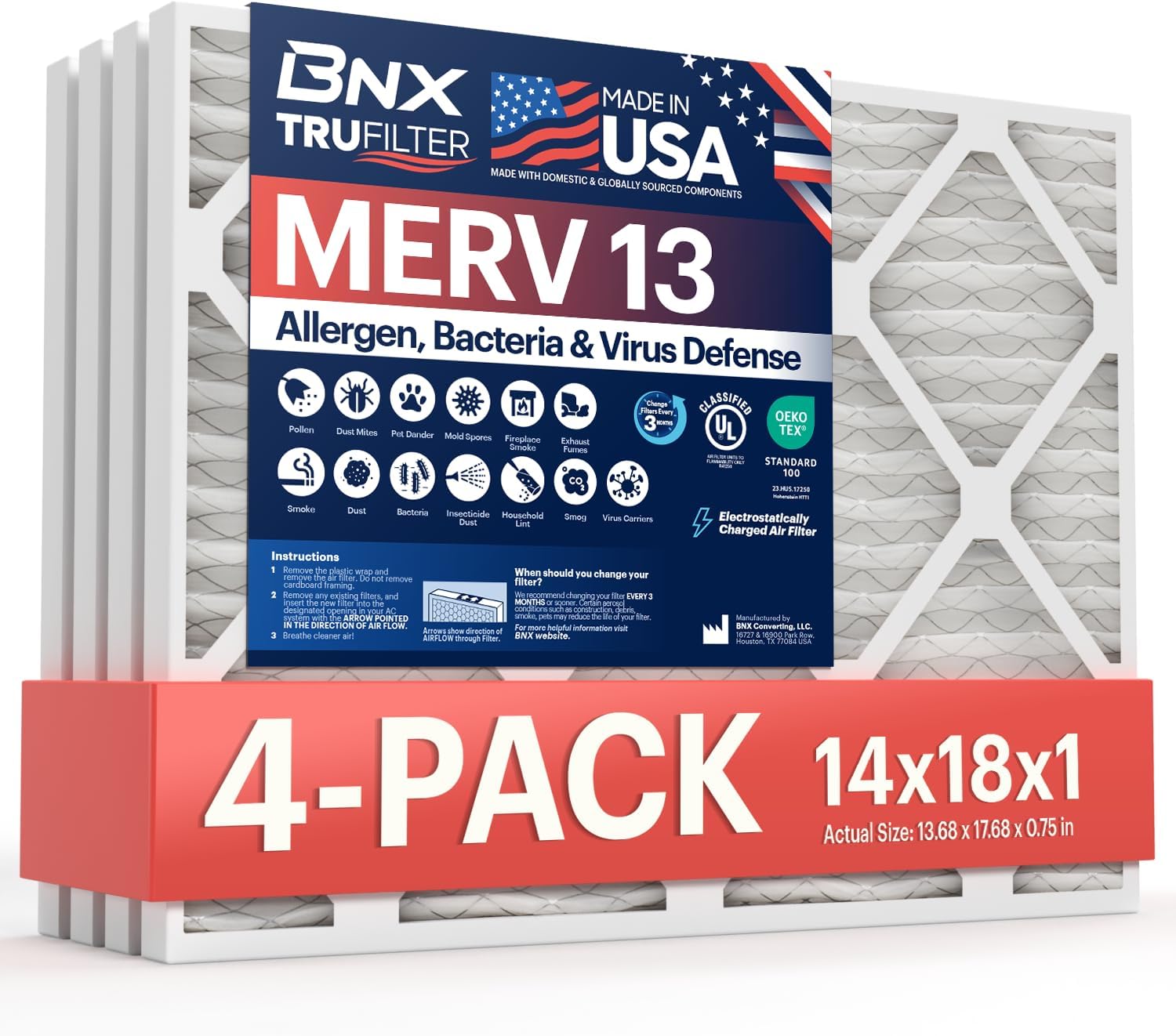 High-Quality BNX TruFilter AC Furnace Air Filter, Special 14x18x1 MERV 13 Air Fi...