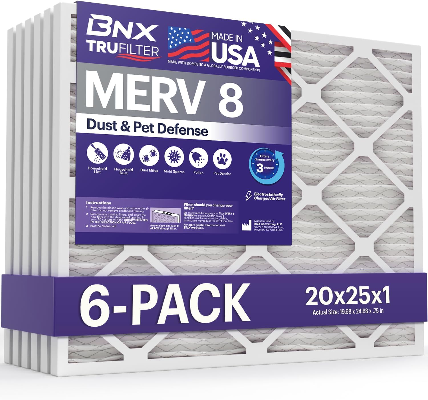 BNX TruFilter 20x25x1 Air Filter MERV 8 (6-Pack) - MADE IN USA – Dust & Pet Defe...