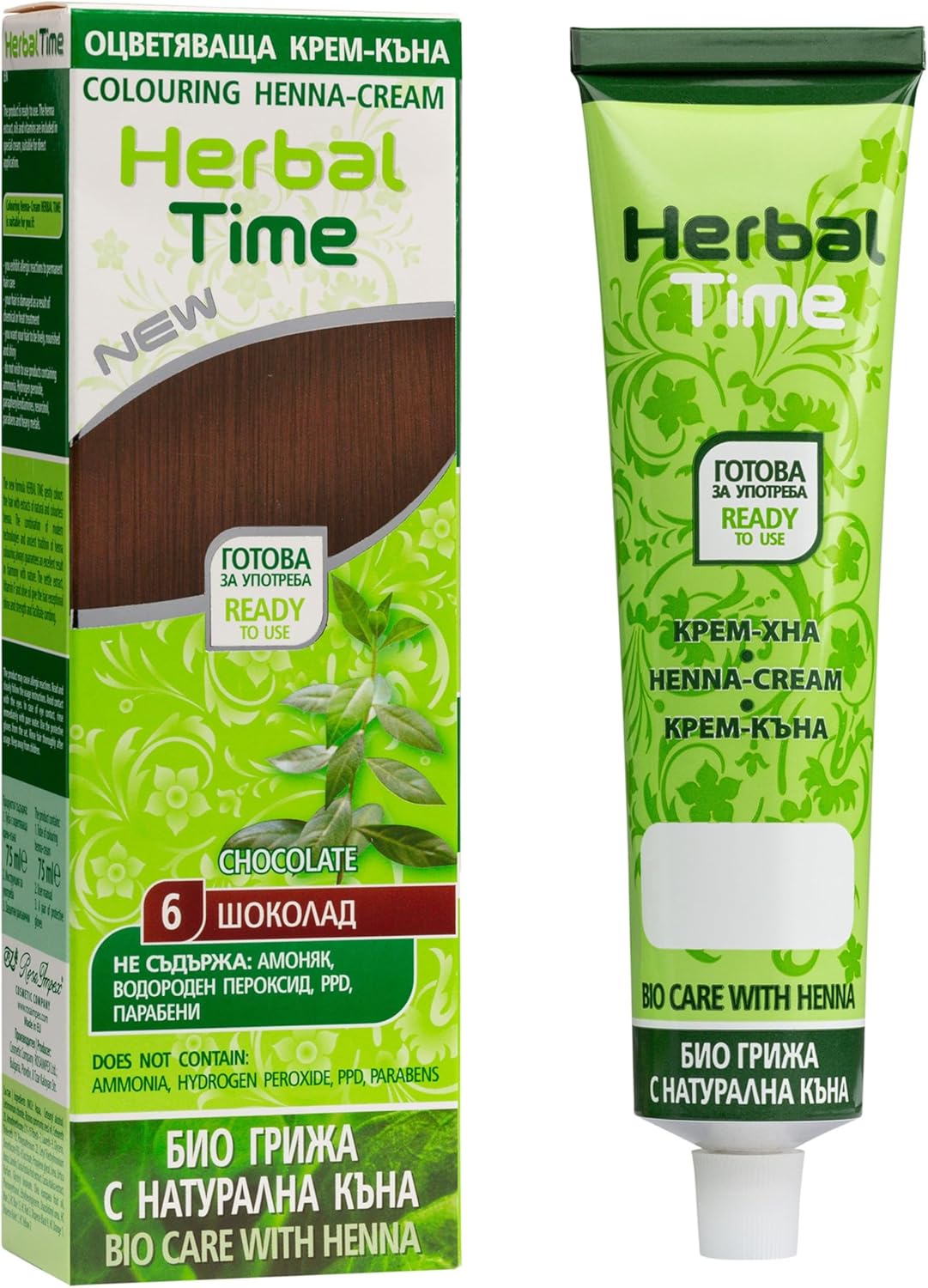 Herbal Time Henna Natural Cream Color Chocolate Nº 6 | Henna Coloring Cream with...