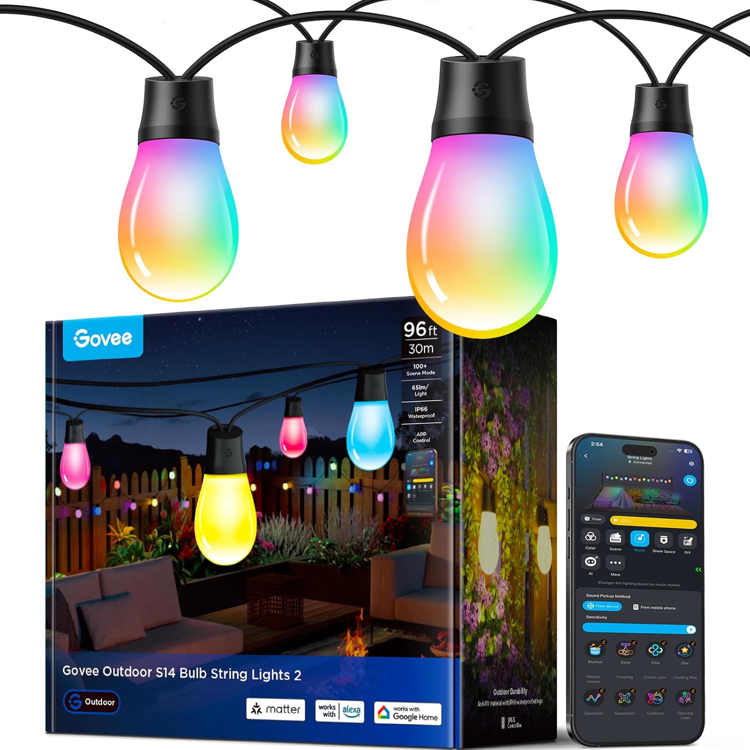 Govee S14 Bulb Outdoor String Lights 2, 96ft Smart RGBIC Warm White Patio Lights...
