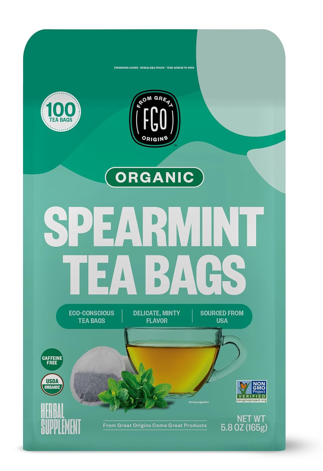 FGO Organic Spearmint Leaf Tea, 100 Count, Eco-Conscious Tea Bags, Caffeine Free...