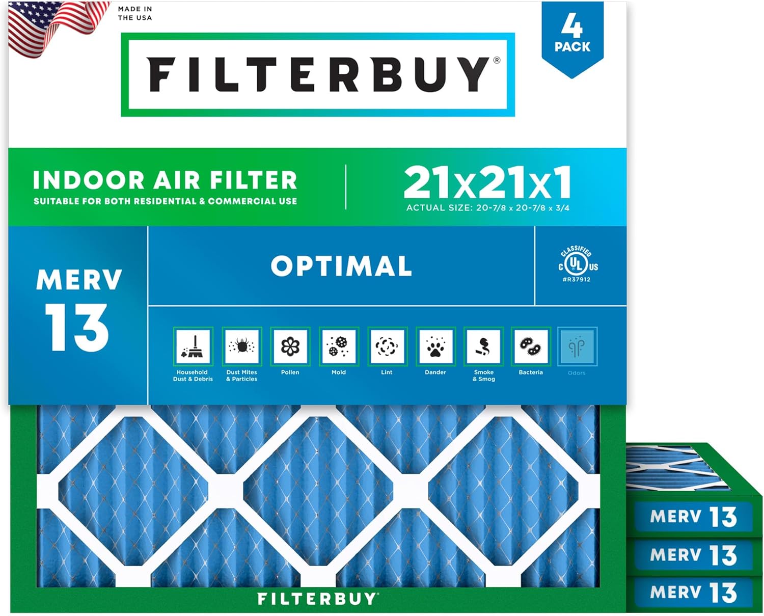 Premium Filterbuy 21x21x1 Air Filter, Optimal Defense MERV 13 Air Filter for HVA...