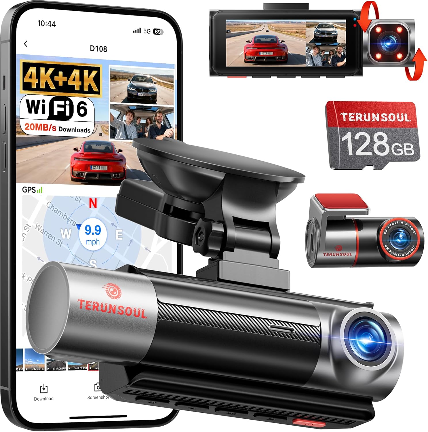 4K+4K+1080P 3 Channel Dash Cam Front and Rear with Cabin, Free 128GB Card Includ...
