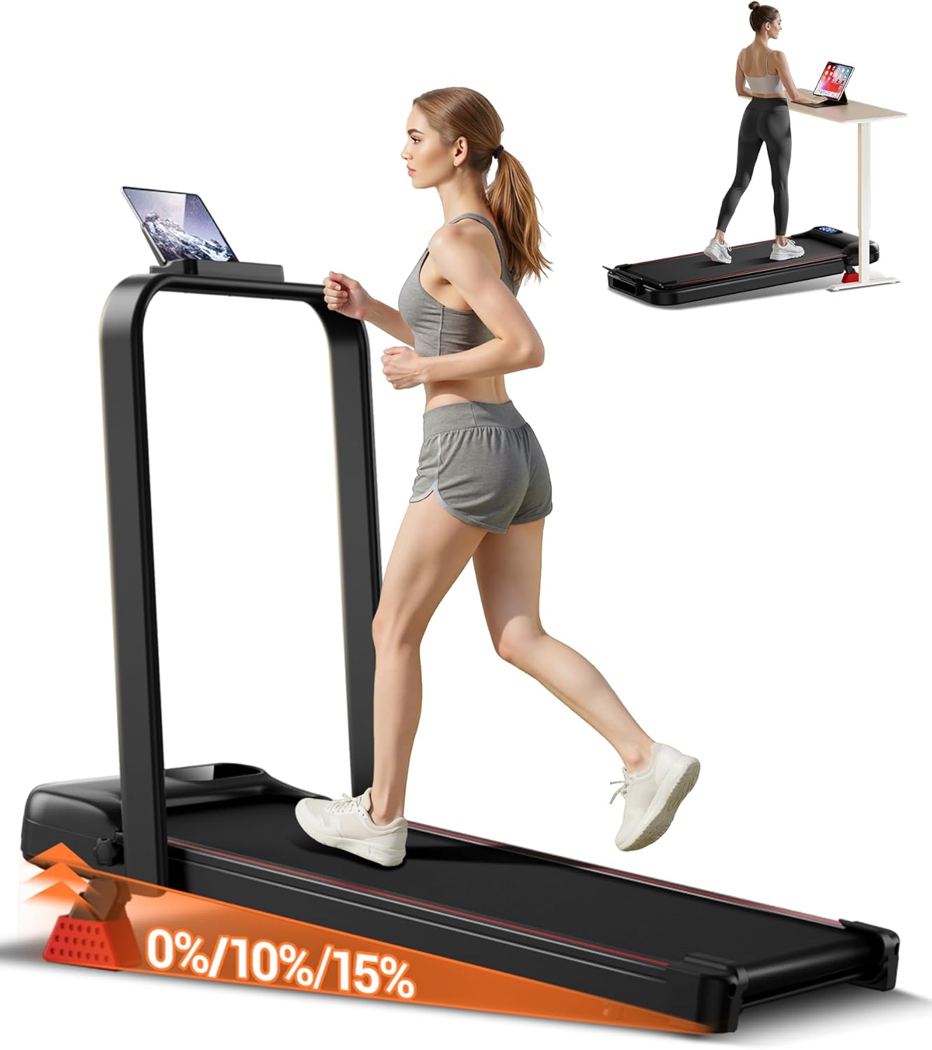 4-in-1 Walking Pad with 15% Incline, Portable Under Desk Treadmill, Foldable Tre...
