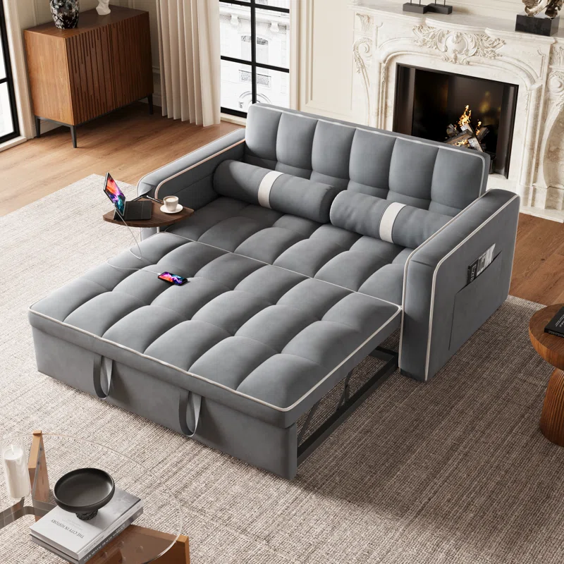 Sidhant 55.11'' Velvet Square Arms Sleeper with USB Port and Table